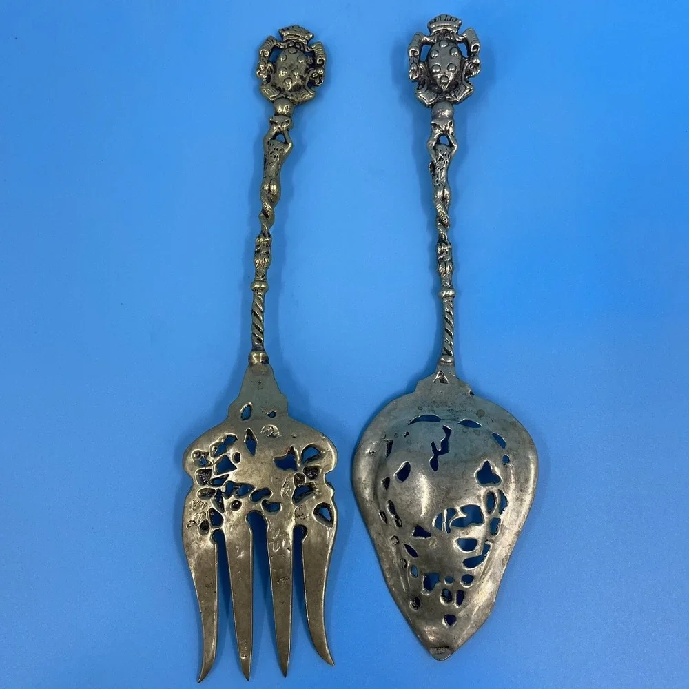 Vintage Ornate Silver Plated‎ Knight Mermaid Pierced Salad Serving Set 2pc